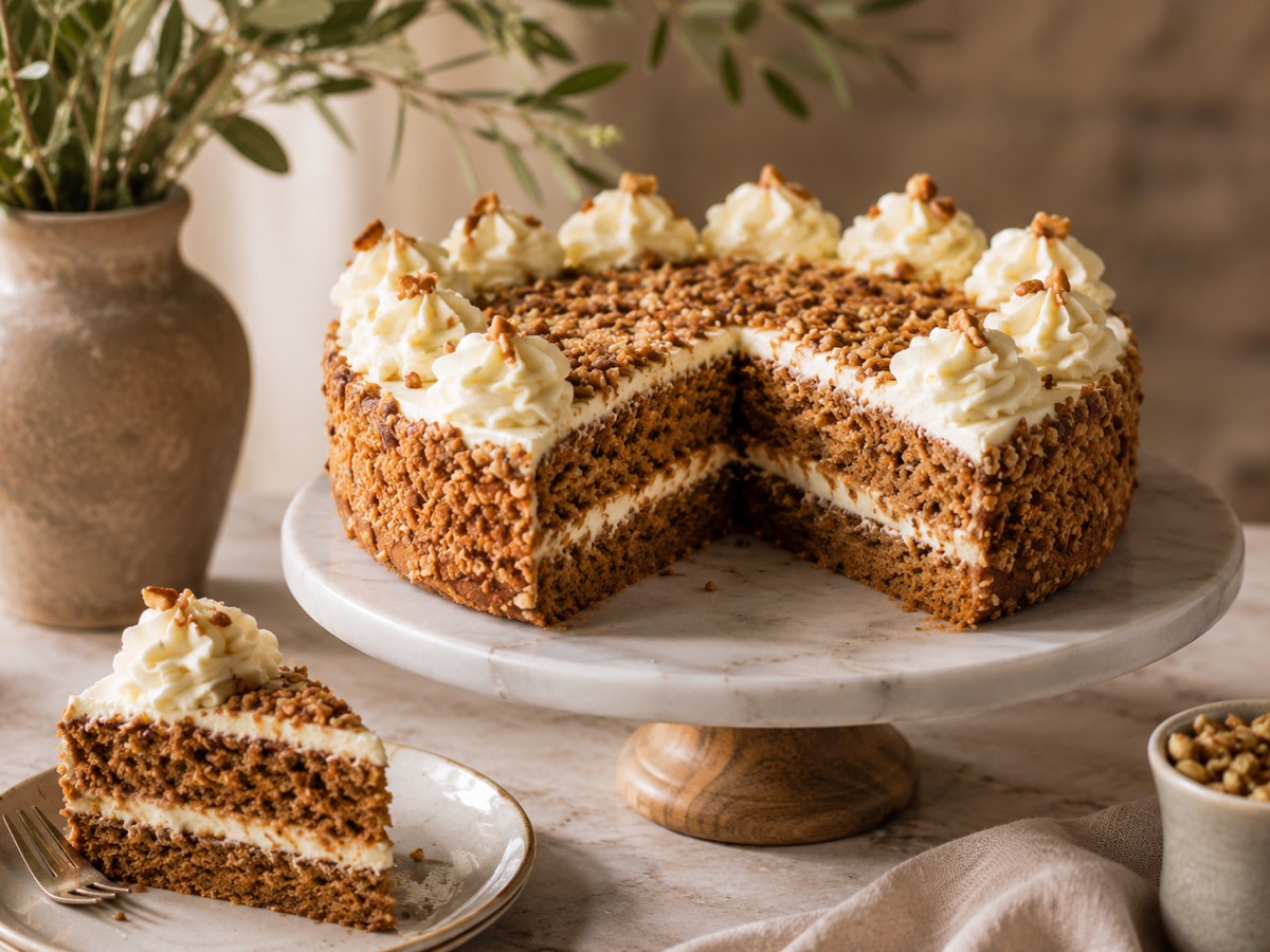 Freshly finished carrot cake on a marble stand