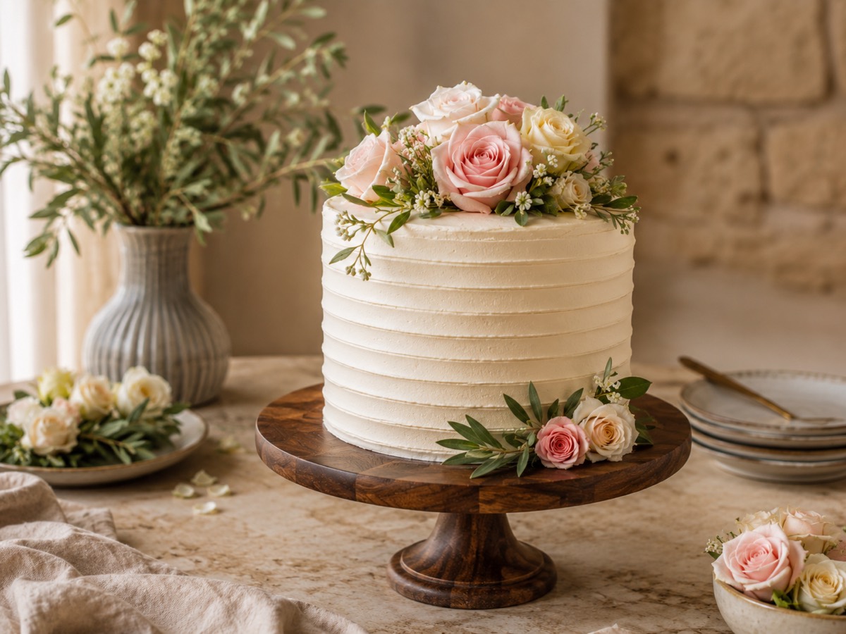 Custom celebration cake finished with fresh roses