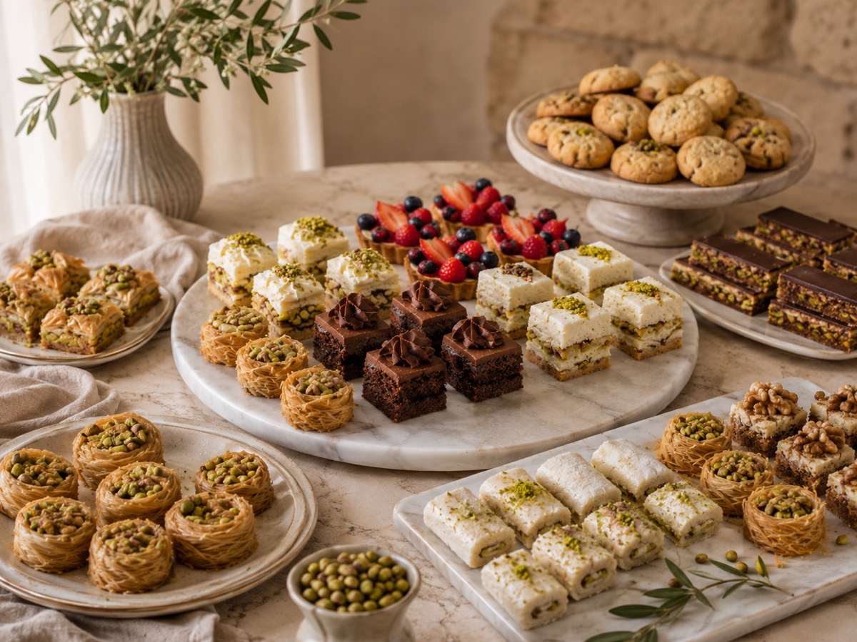 Marble table set with dessert trays: petit fours, cookies, baklava and fruit tartlets