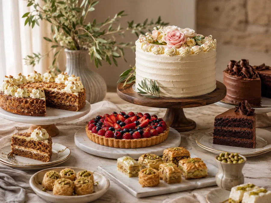 Celebration dessert table with tiered cakes