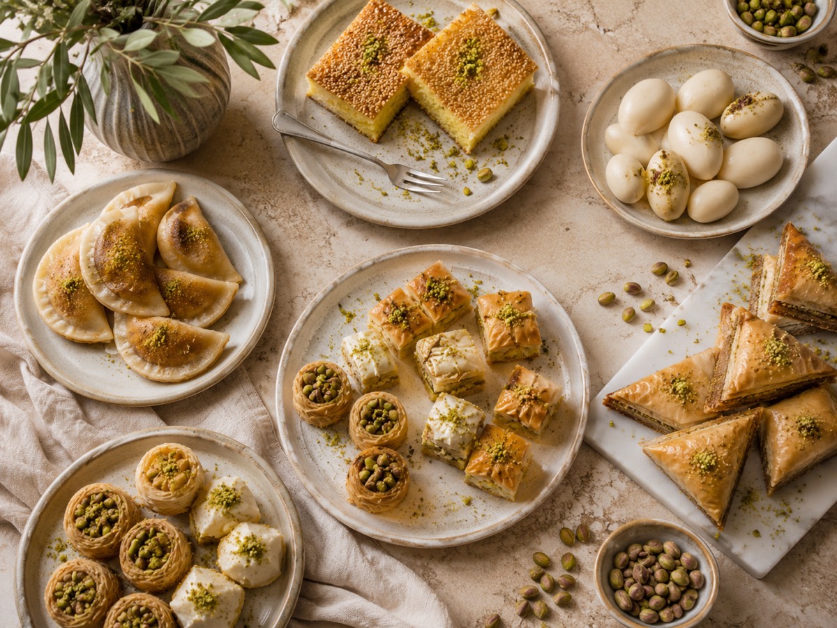 Table of Middle Eastern desserts: atayef, sfouf, marzipan and baklava with pistachios
