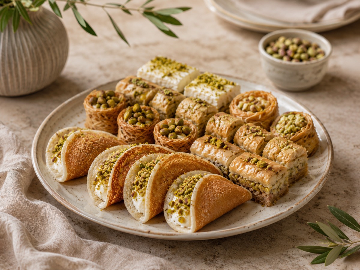 Assorted plate of atayef and pistachio pastries