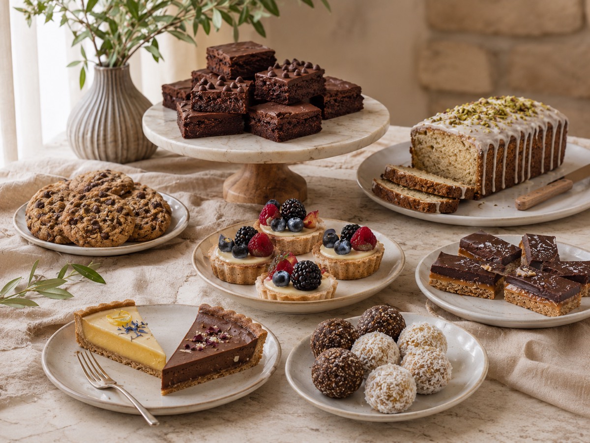 Table of specialty-diet desserts: brownies, cookies, glazed loaf, tartlets and coconut balls